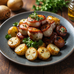 Roasted scallops and potatoes on a rustic wooden table  