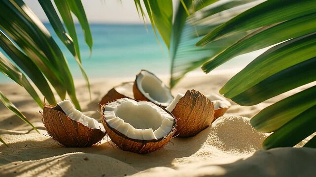 Open coconuts on tropical beach