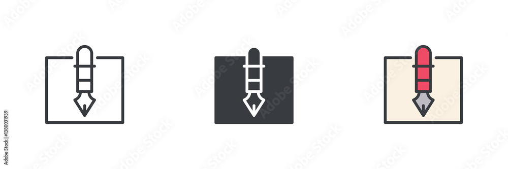 Aufkleber square frame with a fountain pen different style icon set