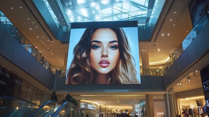 Beauty advertisement: A large indoor billboard showcases a stunning beauty model, capturing the essence of elegance and allure, with modern architectural elements.