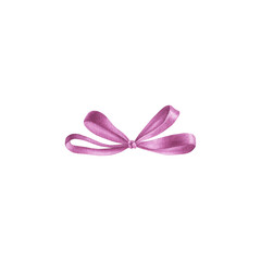 Pink ribbon with bow. Hand drawn watercolor illustration of satin or silk knot on white isolated background for gift or present. Drawing of ornate textile tape painted in vibrant shades. For postcards