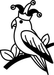 isolate black and white illustration of Parrot wearing clown hat