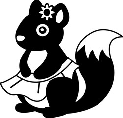 isolate black and white illustration of Squirrel in a pink skirt