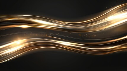 Abstract black and gold lines background with light effect. Abstract golden wavy design element with glitter effect on dark background.