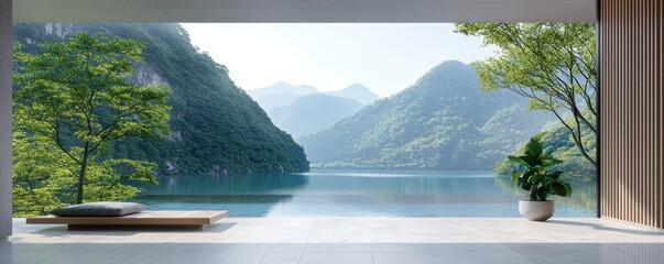 A serene interior view showcasing a minimalist space with a stunning lakeside landscape framed by mountains and lush greenery.