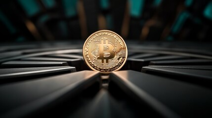 Golden bitcoin placed on geometric background showcasing cryptocurrency trends in finance and technology