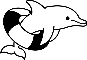 isolate black and white illustration of Dolphin with swim ring