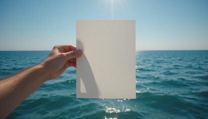 Hand Holding Blank White Paper Against Bright Blue Ocean Background
