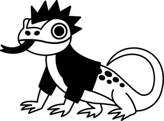 isolate black and white illustration of The lizard has a spiked hairstyle