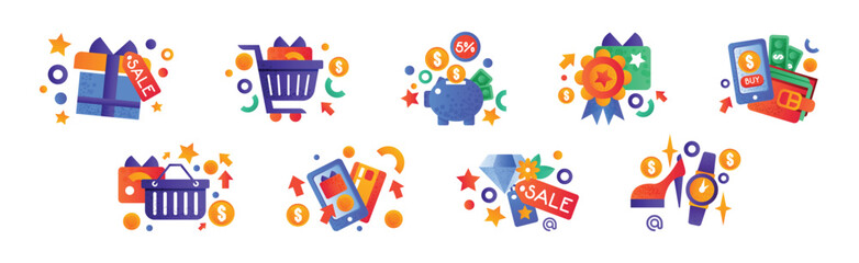 Obraz premium Shopping and Purchase Colorful Icon and Pictogram Vector Set