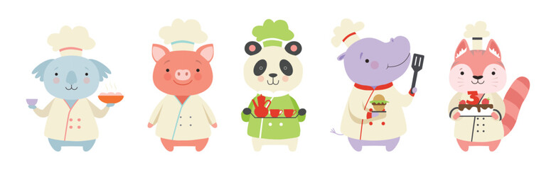 Cute Animal Chef Characters in Uniform Cooking Tasty Dish Vector Set