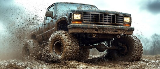 A large truck driving vigorously through muddy and wet terrain