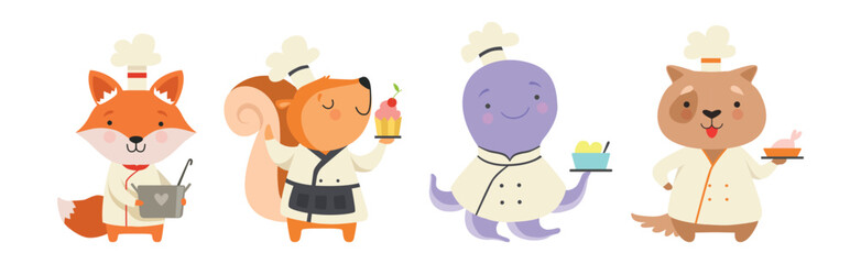 Cute Animal Chef Characters in Uniform Cooking Tasty Dish Vector Set