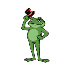 Naklejka premium Charming Frog with Top Hat: A dapper cartoon frog, adorned with a top hat, strikes a pose of sophisticated grace and playful charm.