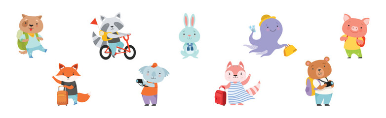 Funny Animal Tourist or Travelers with Bag Vector Set