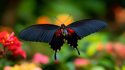 Majestic Black Butterfly in Flight with Tropical Garden.