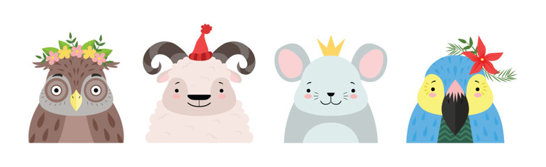 Funny Animal Faces and Heads Wearing Different Accessory Vector Set