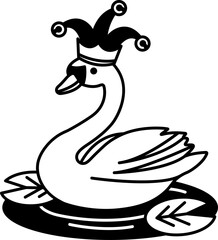 isolate black and white illustration of Swan wearing a clown hat
