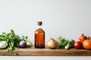 Fresh vegetables and glass bottle of oil on wooden board with herbs, onion, garlic and tomatoes. Copy space