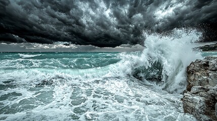 A dramatic depiction of an ocean storm with crashing waves