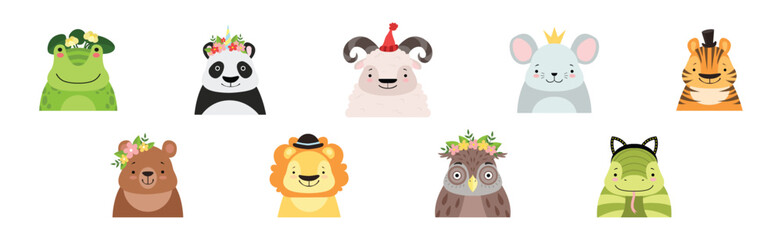 Funny Animal Faces and Heads Wearing Different Accessory Vector Set