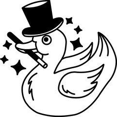 isolate black and white illustration of Duck wearing hat and holding magic wands