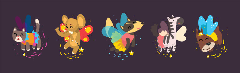 Funny Animal Fairy or Pixie with Wings Vector Illustration Set