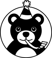 isolate black and white illustration of Bear wearing a party hat