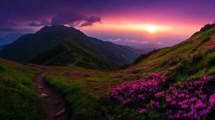 Obraz premium Majestic Sunset Hike Pink Rhododendrons Mountain Peaks.