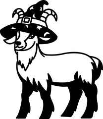 isolate black and white illustration of Goat wearing wizard hat