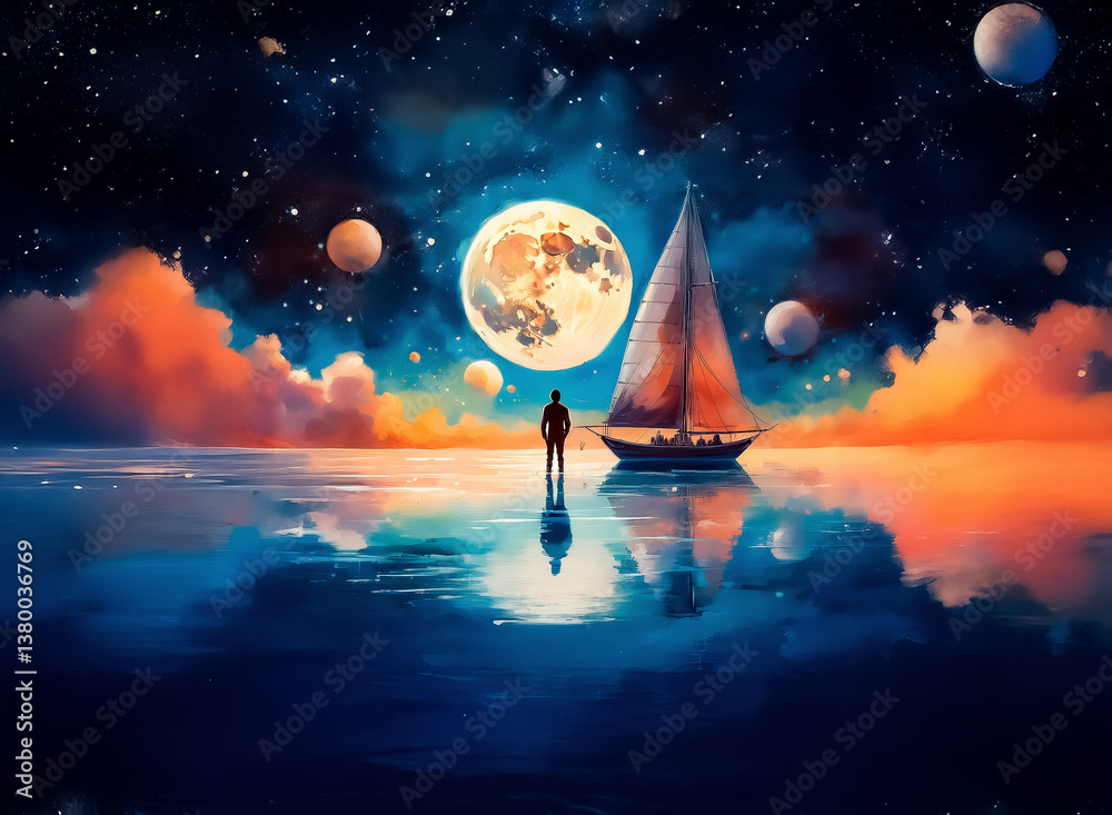 Poster a solitary figure stands on water contemplating a sailboat under a luminous full moon with space fea