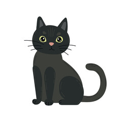 Black cartoon cat with green eyes and sleek fur sits calmly in a minimal flat sketch, ideal for Halloween prints, pet-themed designs, or character art.
