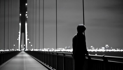 A single of a person standing on an empty bridge at night, gazing at the distant city lights. The composition is stark and clean, using a monochrome palette