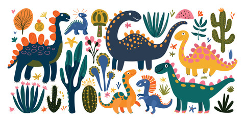 Colorful dinosaur and plant collection in a playful prehistoric scene, ideal for toddler books, jungle-themed decor, or educational children’s graphics.
