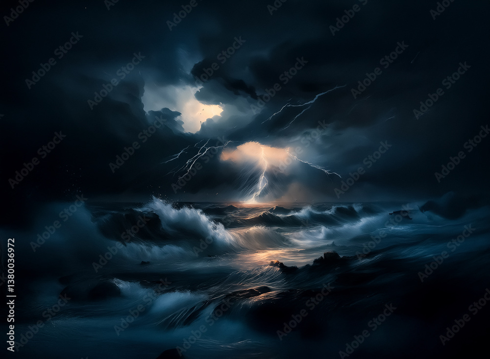 Poster a dramatic ocean scene unfolds under a tumultuous sky. lightning illuminates churning waves and dark