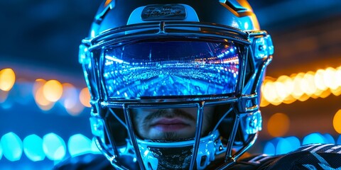 Football helmet visor reflecting stadium lights in close-up