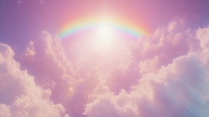 A Colorful Rainbow Arches Above Fluffy Pink White Clouds