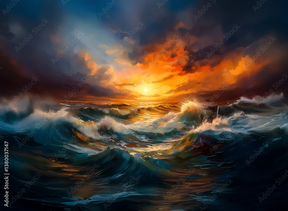 Poster here's a description and keywords based on the image: a dramatic seascape depicts a turbulent ocean 