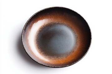 Ceramic plate in brown, white and grey tones, isolated on white background. This is for food photography or showcasing ceramic kitchenware online.
