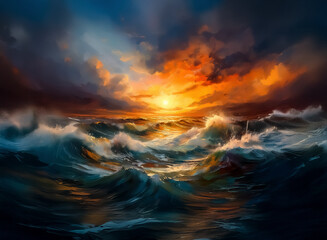 Obraz premium Here's a description and keywords based on the image:A dramatic seascape depicts a turbulent ocean under a fiery sunset. Waves crash as the sun bursts through the clouds, illuminating the water with