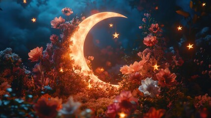 Fototapeta premium A realistic high-definition shot of a crescent moon mirror surrounded by bright floral arrangements and small star ornaments glowing softly