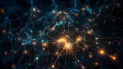 Fototapeta premium Networked Brilliance: A captivating abstract visualization of interconnected nodes and glowing pathways, suggesting complex networks, data flow, and the intricate beauty of technological landscapes.