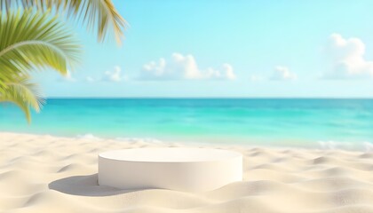 A 3D beach podium set against a summer backdrop, with soft sand and the sea in the distance, creating an ideal display platform for products with a refreshing coastal vibe