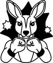 isolate black and white illustration of Kangaroo with boxing gloves