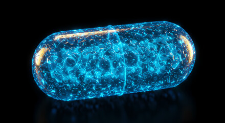 Capsule blue holographic futuristic pharmaceutical with bio elements inside. Repairing human cells with help drug, biotechnology