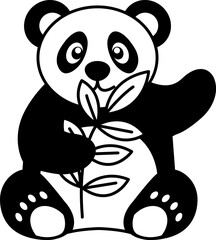 isolate black and white illustration of Panda eating bamboo leaves