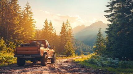 Naklejka premium Brown truck parked on dirt road near dense forest and mountains