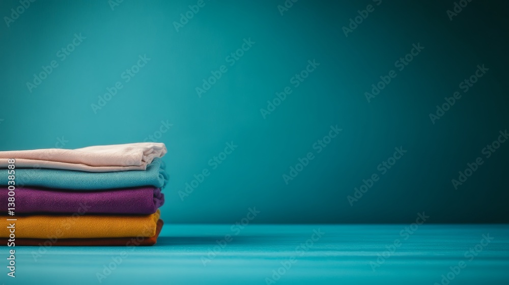 Poster A stack of colorful folded clothes sits against a vibrant turquoise background, showcasing a tidy arrangement that evokes a sense of cleanliness and liveliness