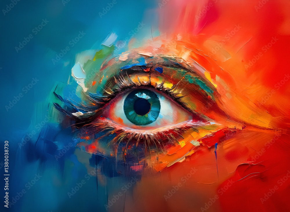 Poster here's a description and keywords: a vibrant eye bursts with color. bold brushstrokes form its shape