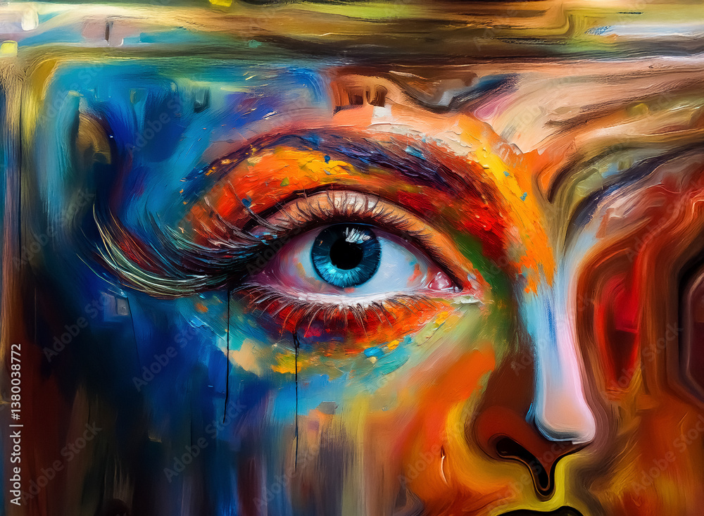 Aufkleber image: a vibrant artwork of an eye with swirling colors. hints of a face emerge from the abstract pa
